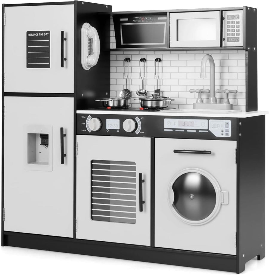 Kids Wooden Play Kitchen Set w/ Lights Sounds Microwave Grey