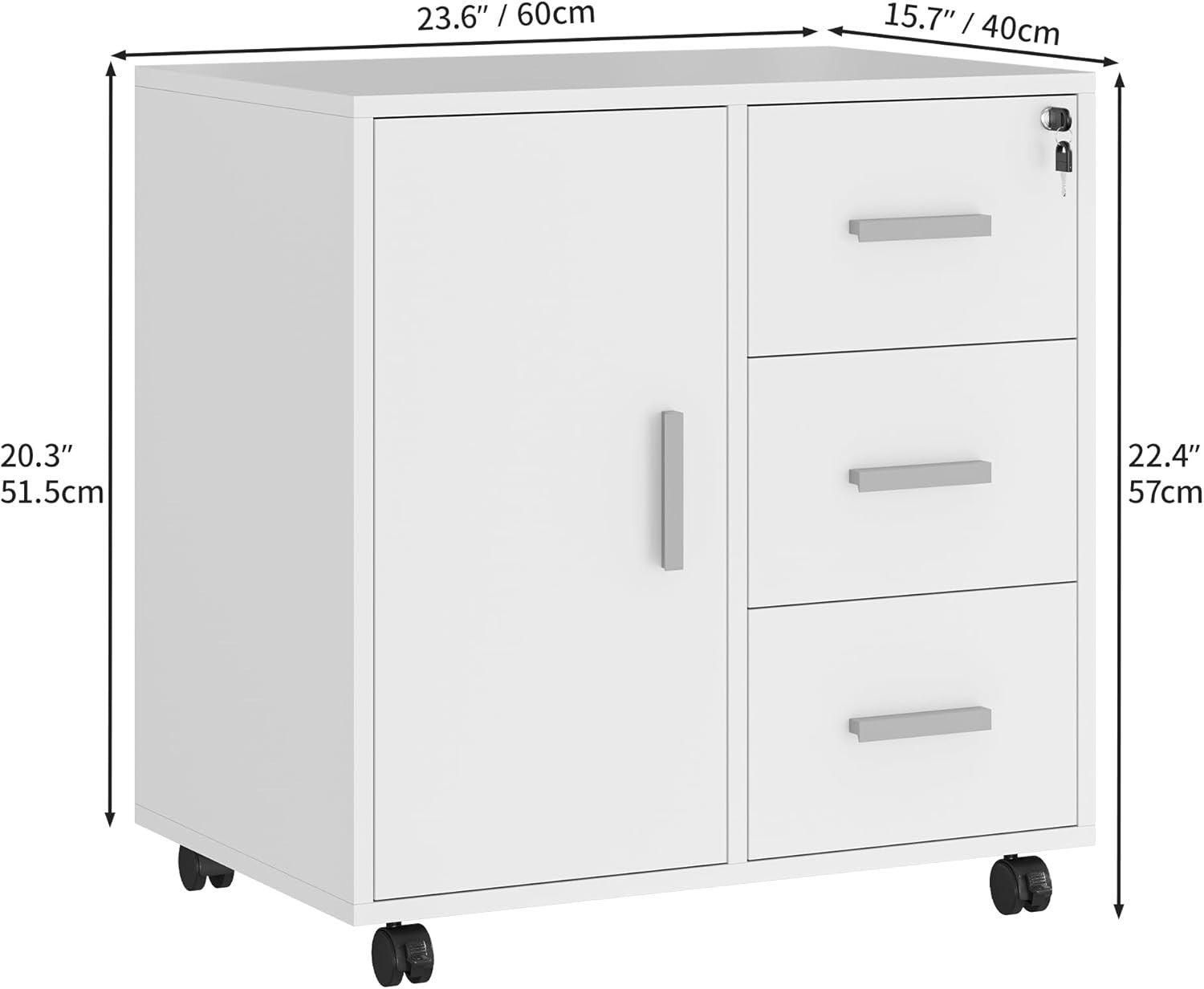 White Mobile Filing Cabinet 3 Drawer Printer Stand Lockable Wheels