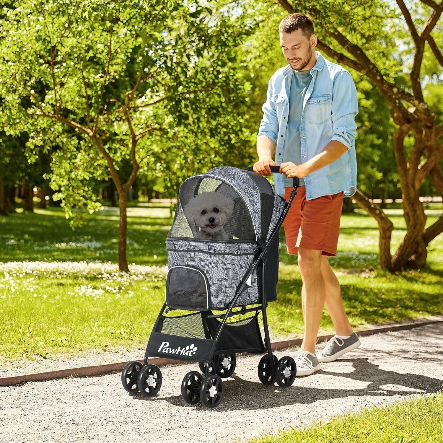 Foldable Dog Stroller Pet Pushchair with Brakes Basket for Small Dogs