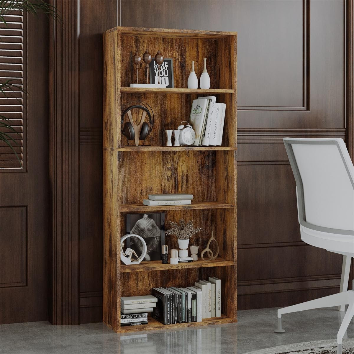 Rustic Wood 6 Tier Tall Bookcase Free Standing Open Shelf Storage Unit