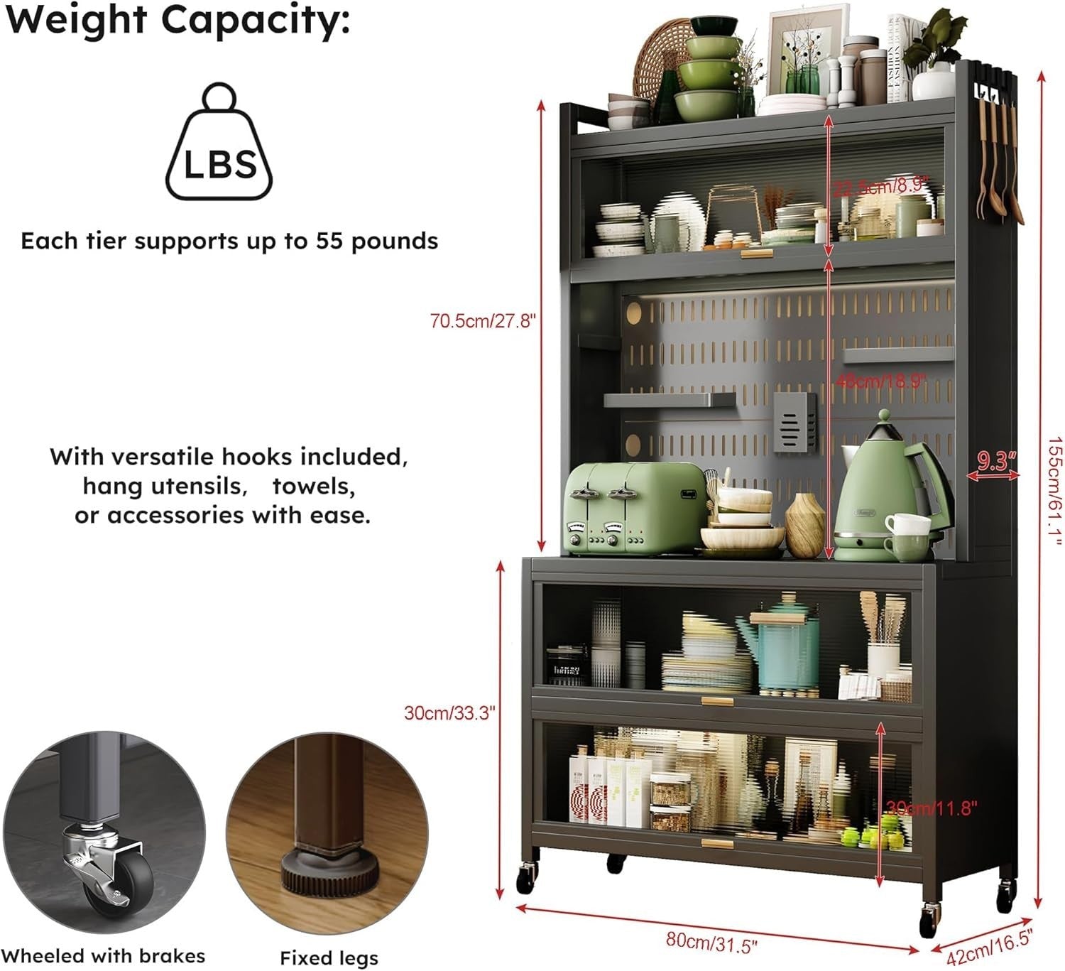 80x36x162cm 5-Tier Black Kitchen Storage Cabinet with Flip Door & Wheels