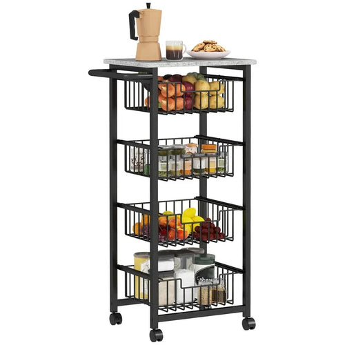 Mobile Kitchen Island Trolley with 4 Mesh Drawers & Marble Top
