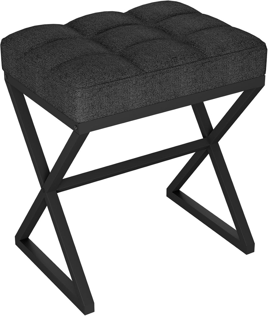 Black Linen Vanity Stool Ottoman with X-Shaped Metal Legs Footrest Bench