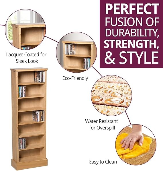 Narrow Oak Storage Tower – 7-Tier Wooden CD DVD Book Display Shelf Unit