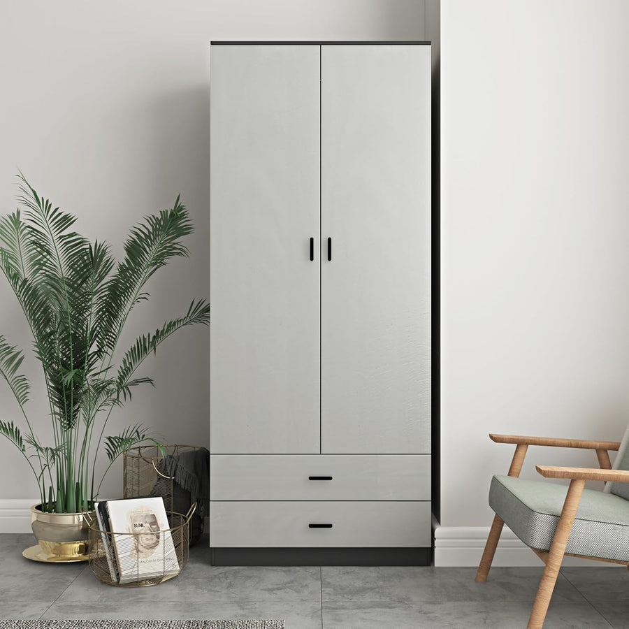 Tall Black Wardrobe Grey Drawers 2 Door Closet Storage Hanging Rail