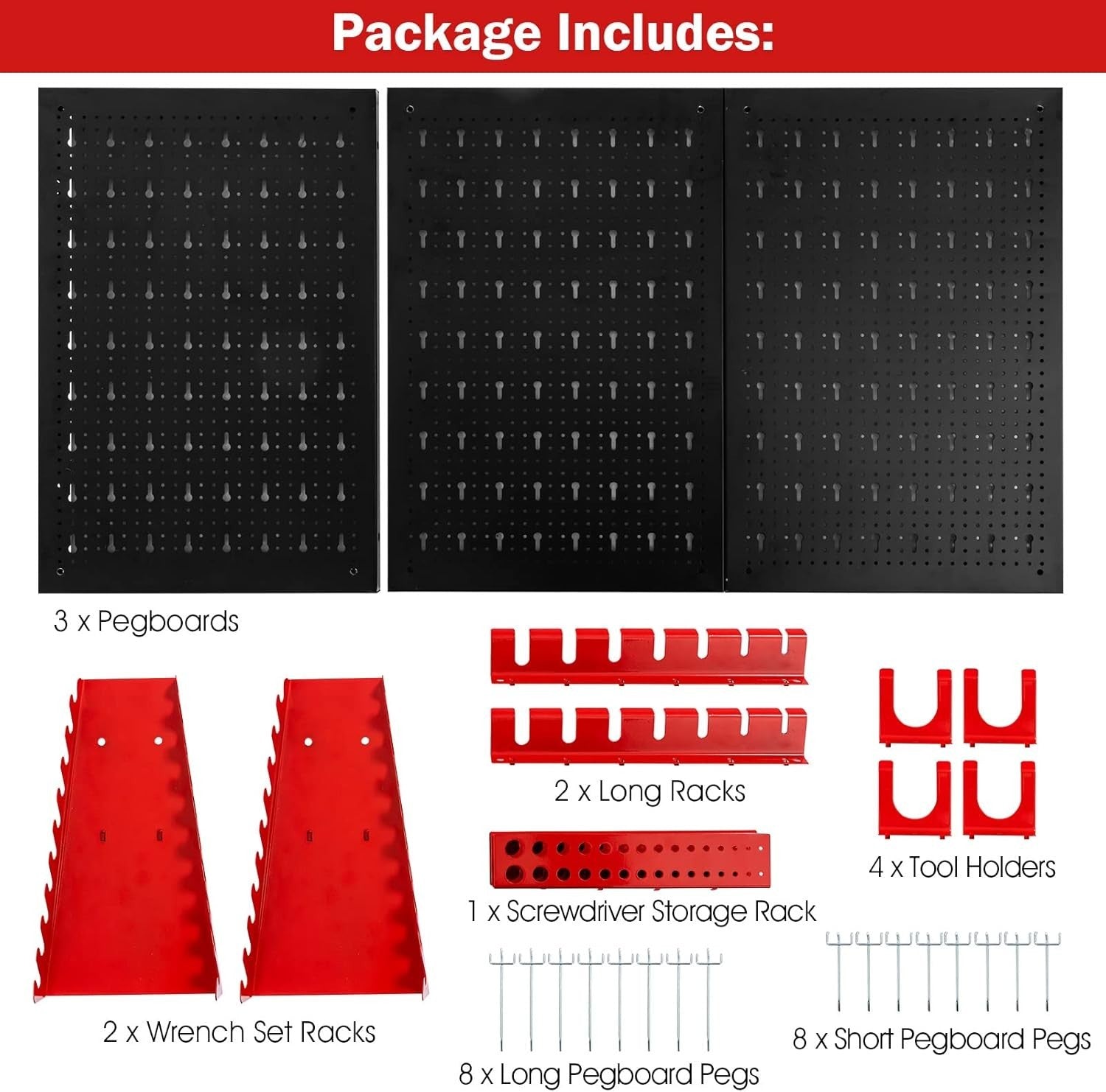 Wall-Mounted Tool Rack Organizer 3 Pegboards + 25 Hooks Black Red
