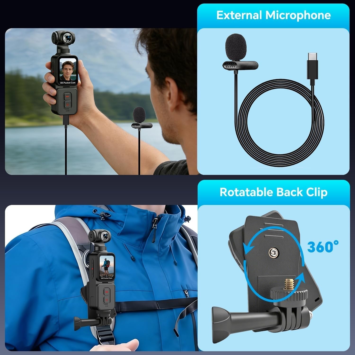 5K Body Camera Face Tracking POV Action Cam w/64GB Rotating Lens