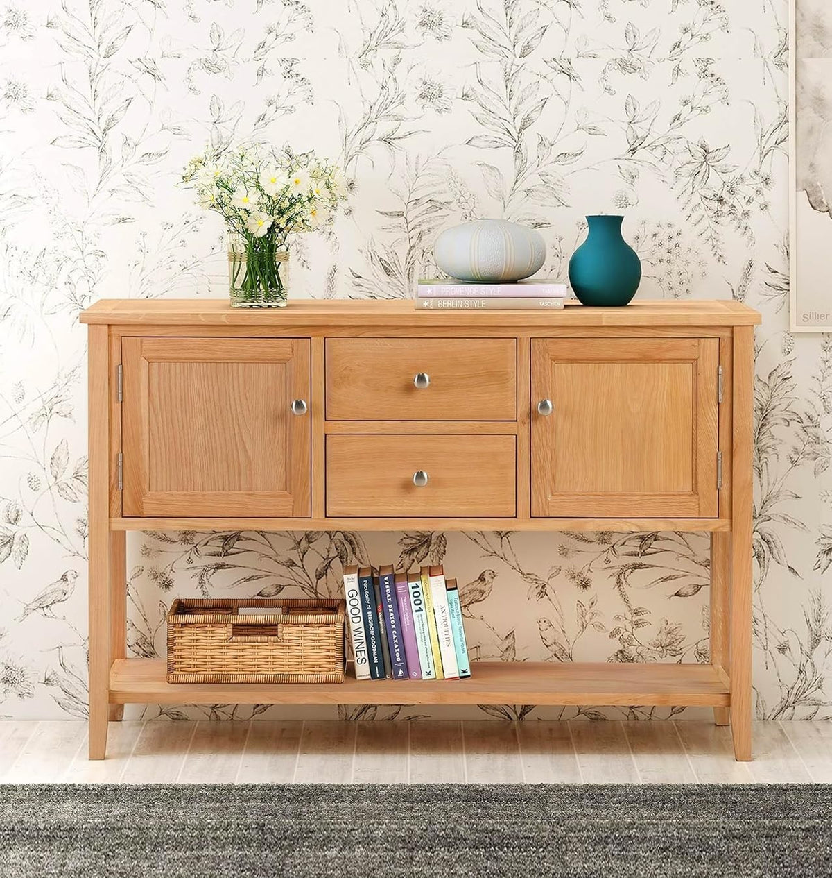 Large Solid Oak Console Table with Storage Drawers & Shelf, Durable