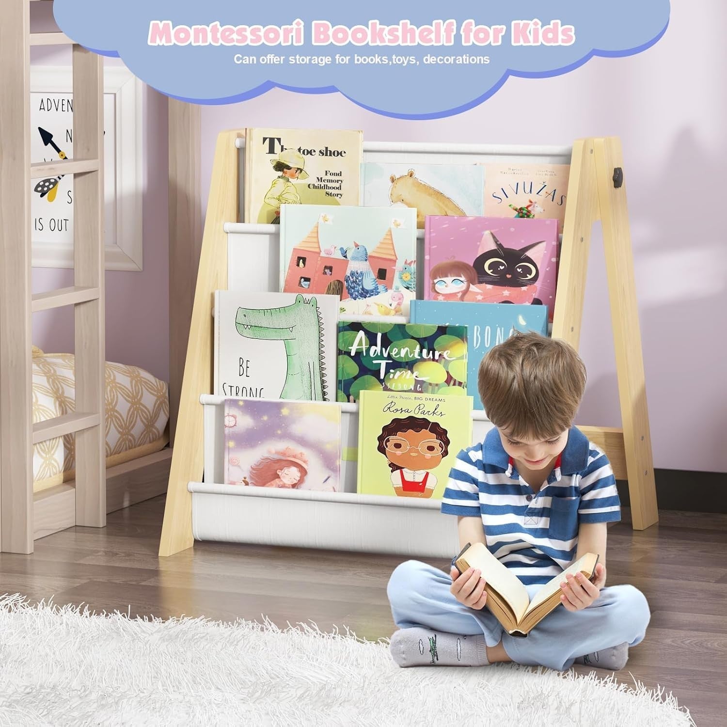 Kids 4 Tier Foldable Bookshelf with Deep Fabric Pockets, Durable Book Storage