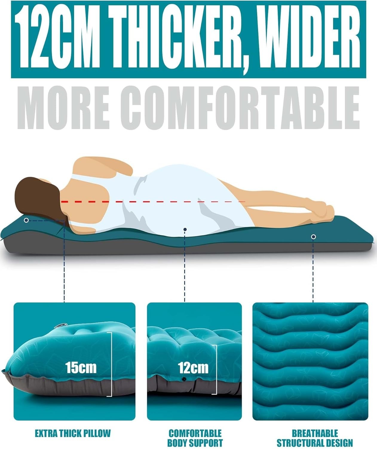 Extra Thick Self-Inflating Camping Mat 12CM Pillow Waterproof Lightweight