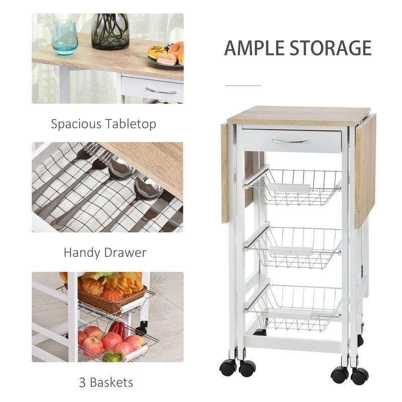 Drop Leaf Kitchen Trolley Cart with Baskets Drawer & Wheels Oak White