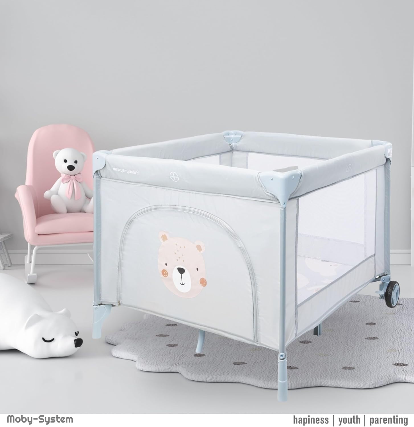 Children's Playpen with Mattress and Transport Bag Teddy Bear Folding Wheels