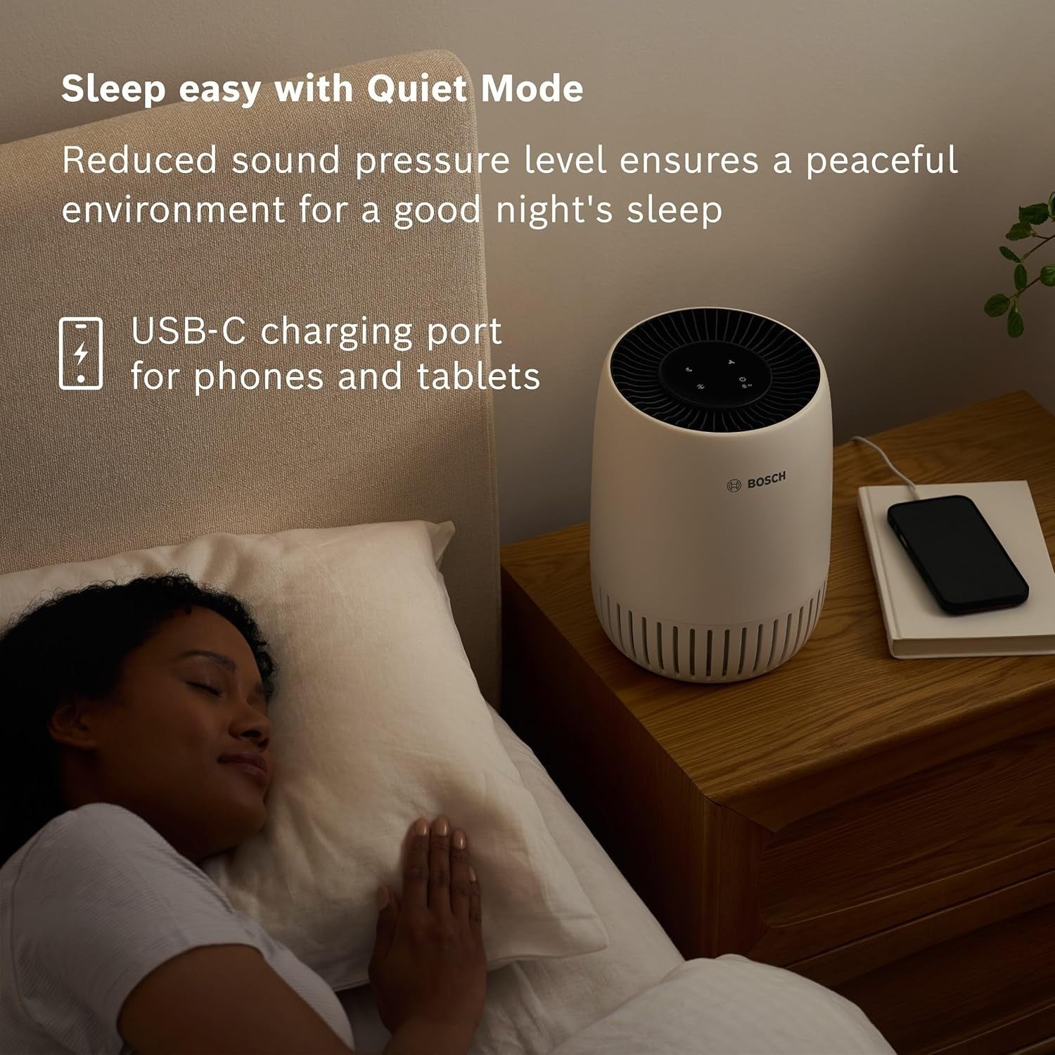 Quiet HEPA Air Purifier 100m³/h Bedroom Sleep Mode USB-C 23m²