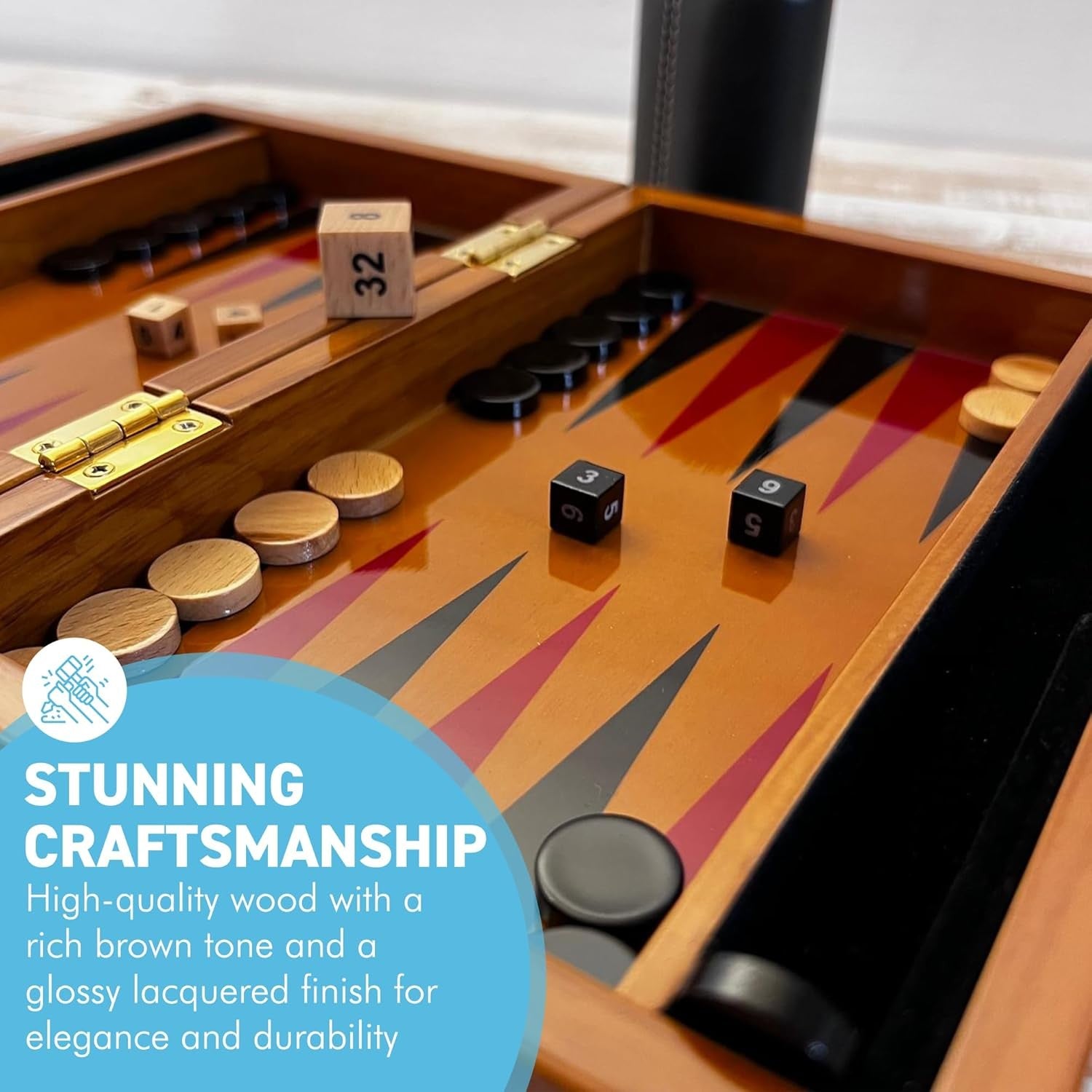 Deluxe Wooden Backgammon Set 30cm Lacquered Board with Leather Dice Cup
