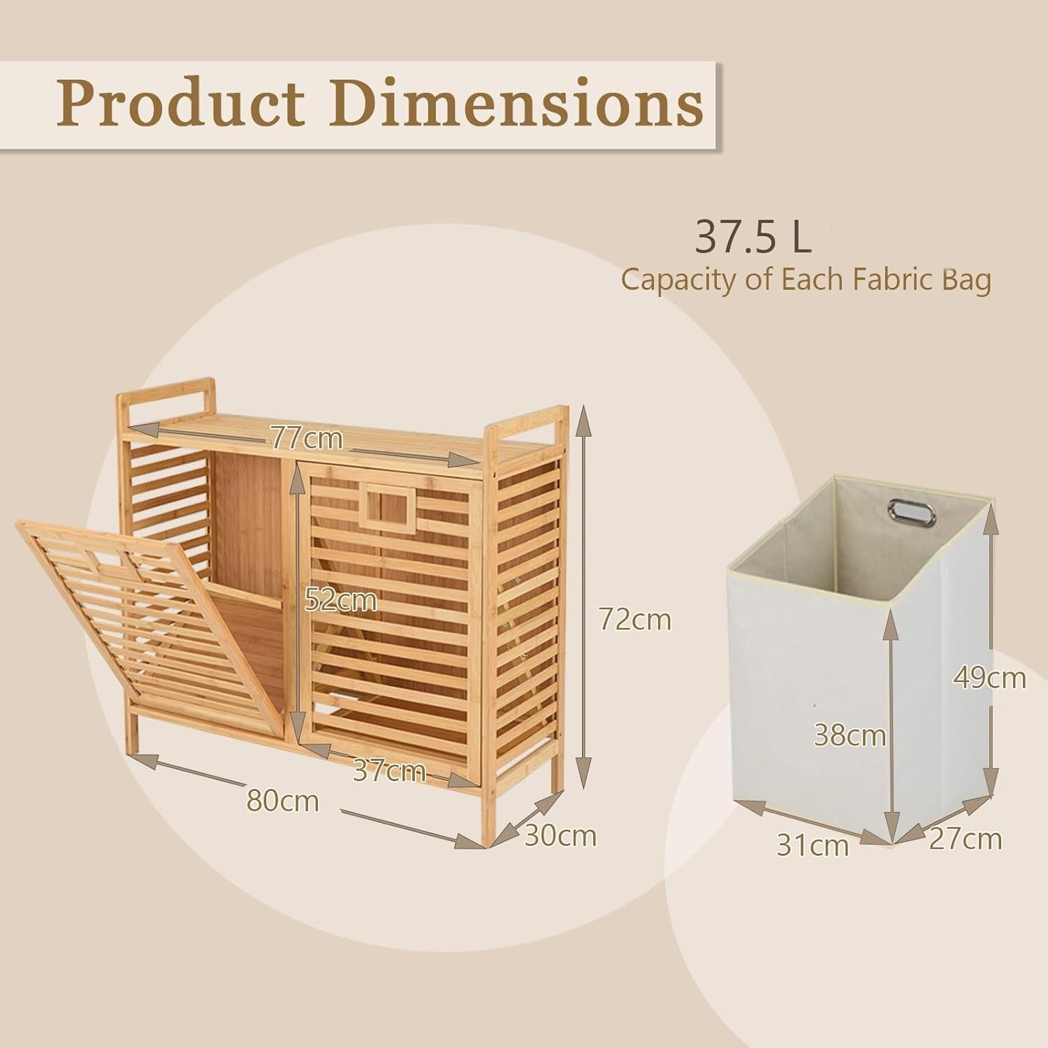 75L Bamboo Double Tilt-Out Laundry Hamper With Shelf Removable Bags Unit