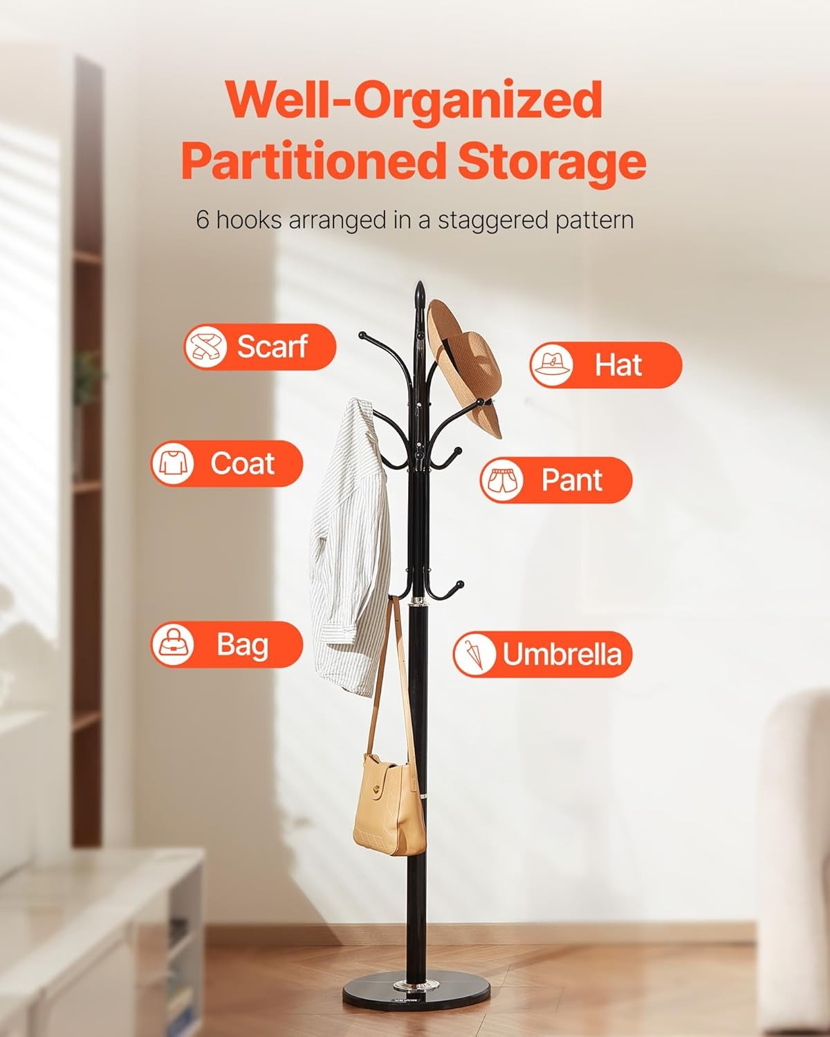 Freestanding Coat Rack with Marble Base | 6 Hook Metal Hall Tree Stand