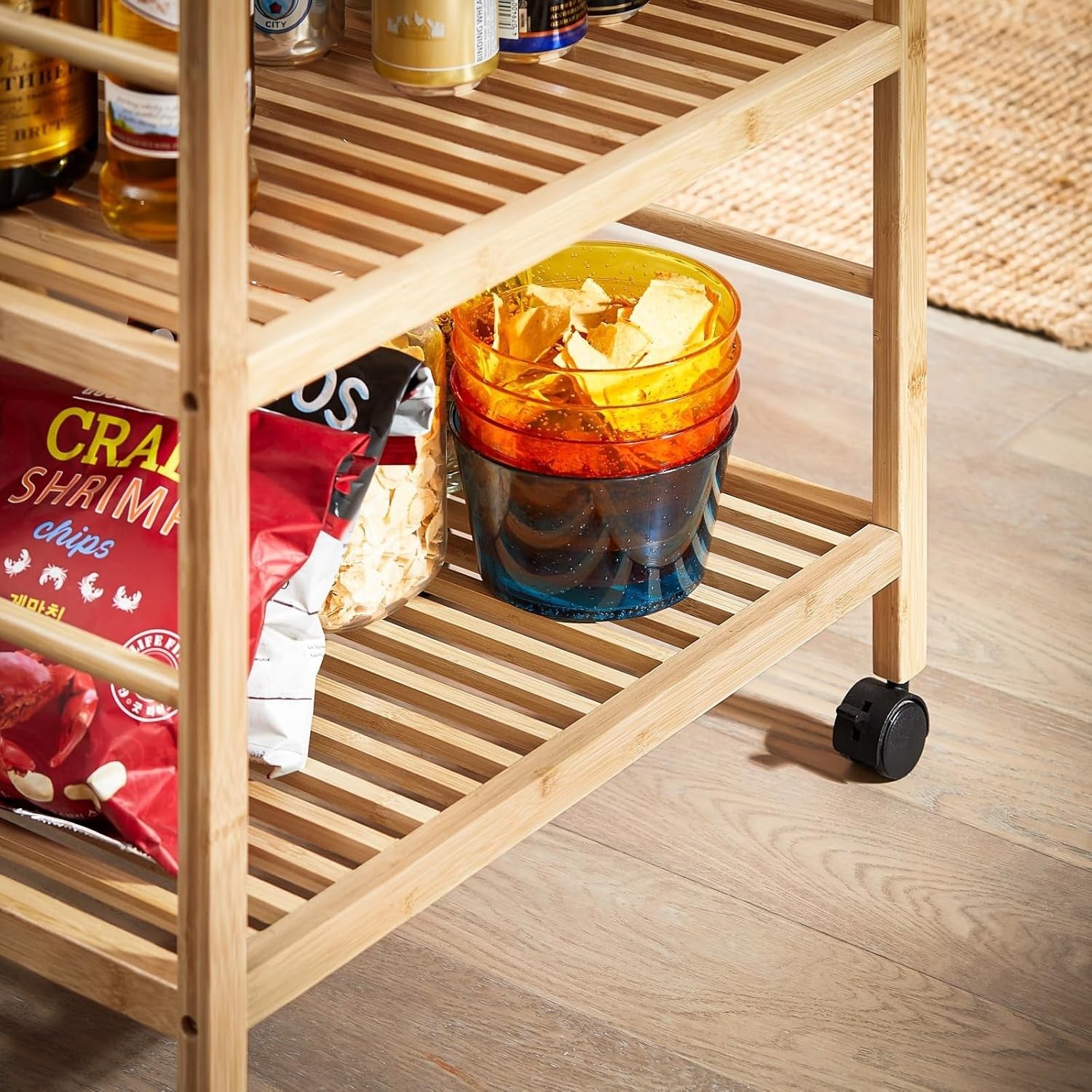 3 Tier Kitchen Trolley Cart Bamboo Storage Shelves Glass Top Wheels
