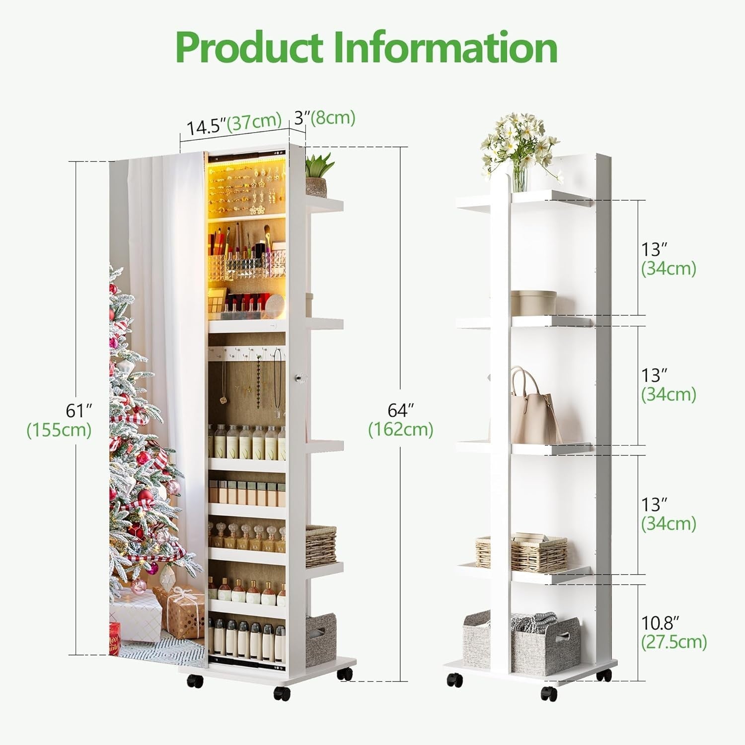 White 360° Rotating Jewellery Cabinet Sliding Door LED Mirror with Wheels