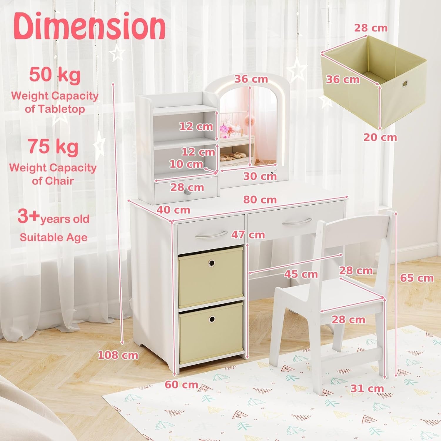 Kids Vanity Table Set Girls Dressing Desk & Stool LED Lighted Mirror Wood White
