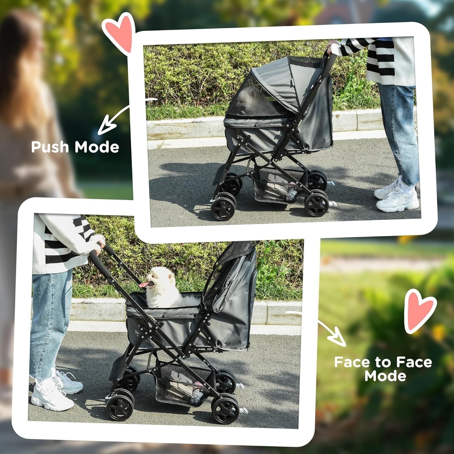Grey Foldable Dog Stroller with Reversible Handle EVA Wheels Storage