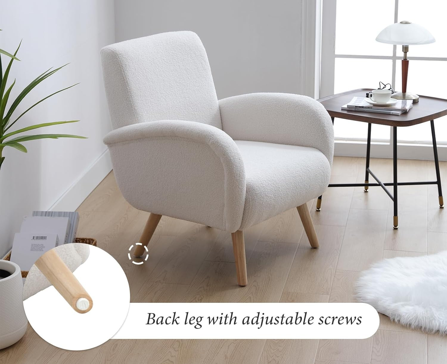 Faux Fur Accent Armchair White Lounge Chair High Back Wood Legs Modern