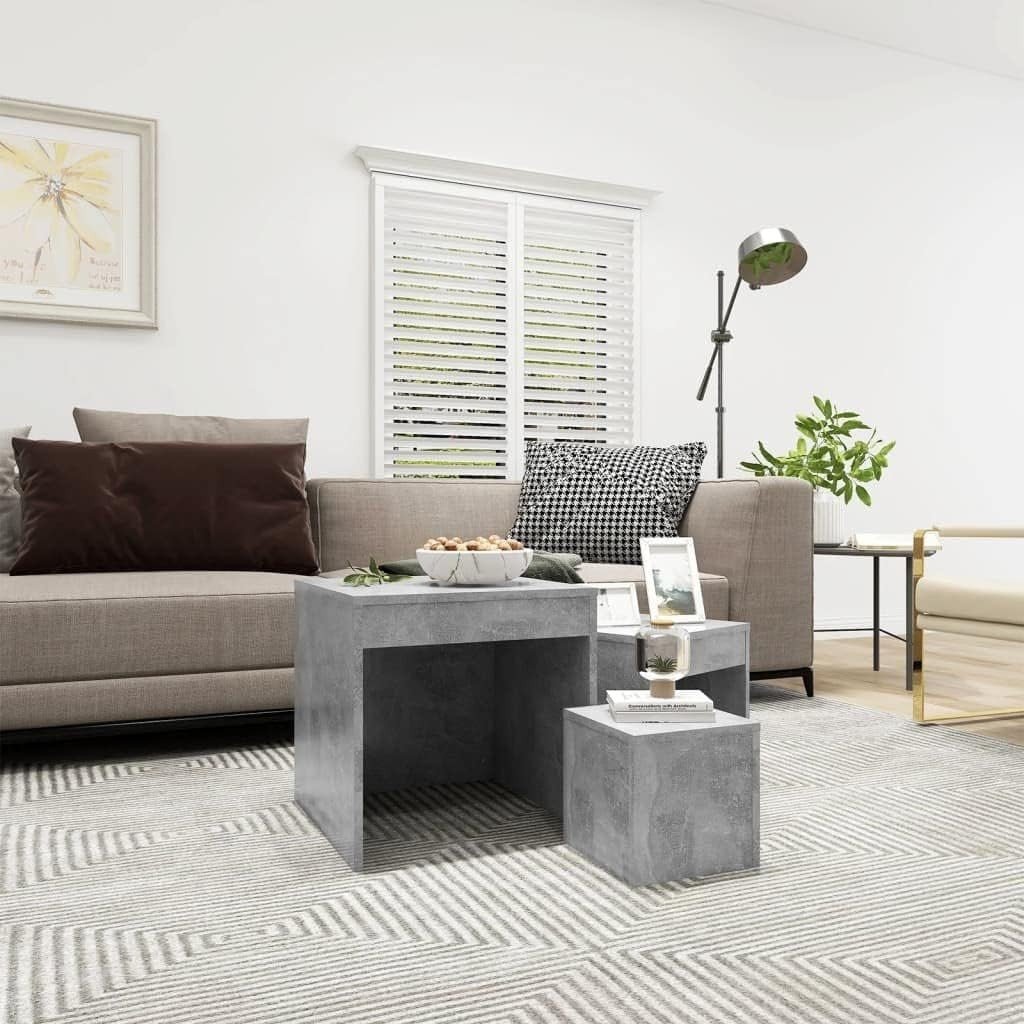 3pc Nesting Tables Set Concrete Grey Industrial End Side Coffee Nightstand