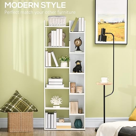 Tall 6-Tier Modern Bookcase with 11 Open Shelves Slim Freestanding Shelf White