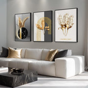 Large Black Gold Wall Art Set of 3 Framed 30x60 Abstract