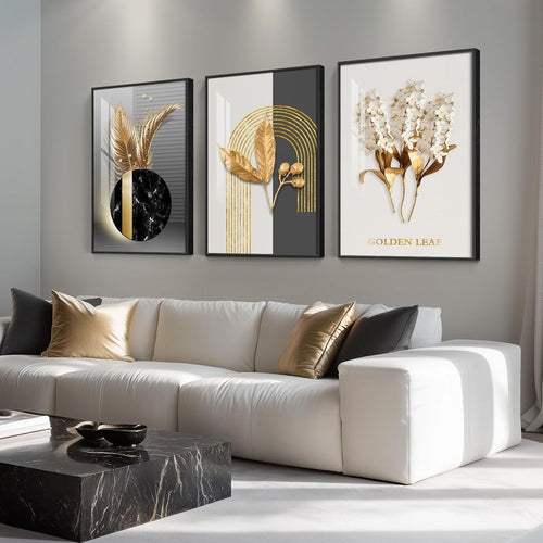 Large Black Gold Wall Art Set of 3 Framed 30x60 Abstract