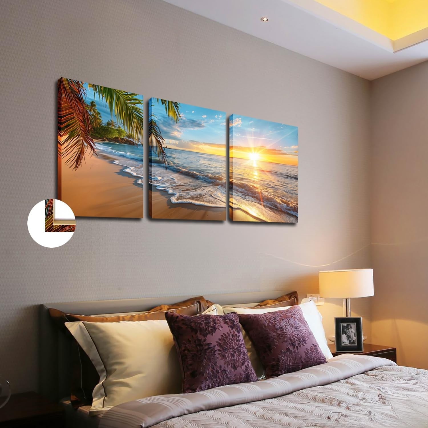 Beach Sunset Canvas Wall Art 3 Panel 12"x16" Ocean Home Decor