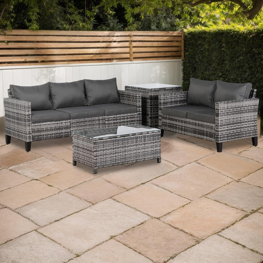 5 Seater Rattan Patio Sofa Set with Dual Coffee Tables Luxury Garden Lounge
