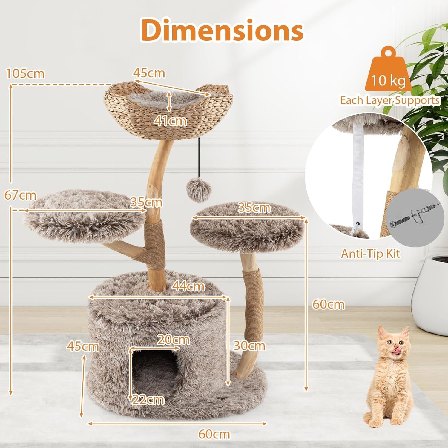 105cm Wooden Cat Tree Multi Level Tower with Basket Perch & Jute Scratching