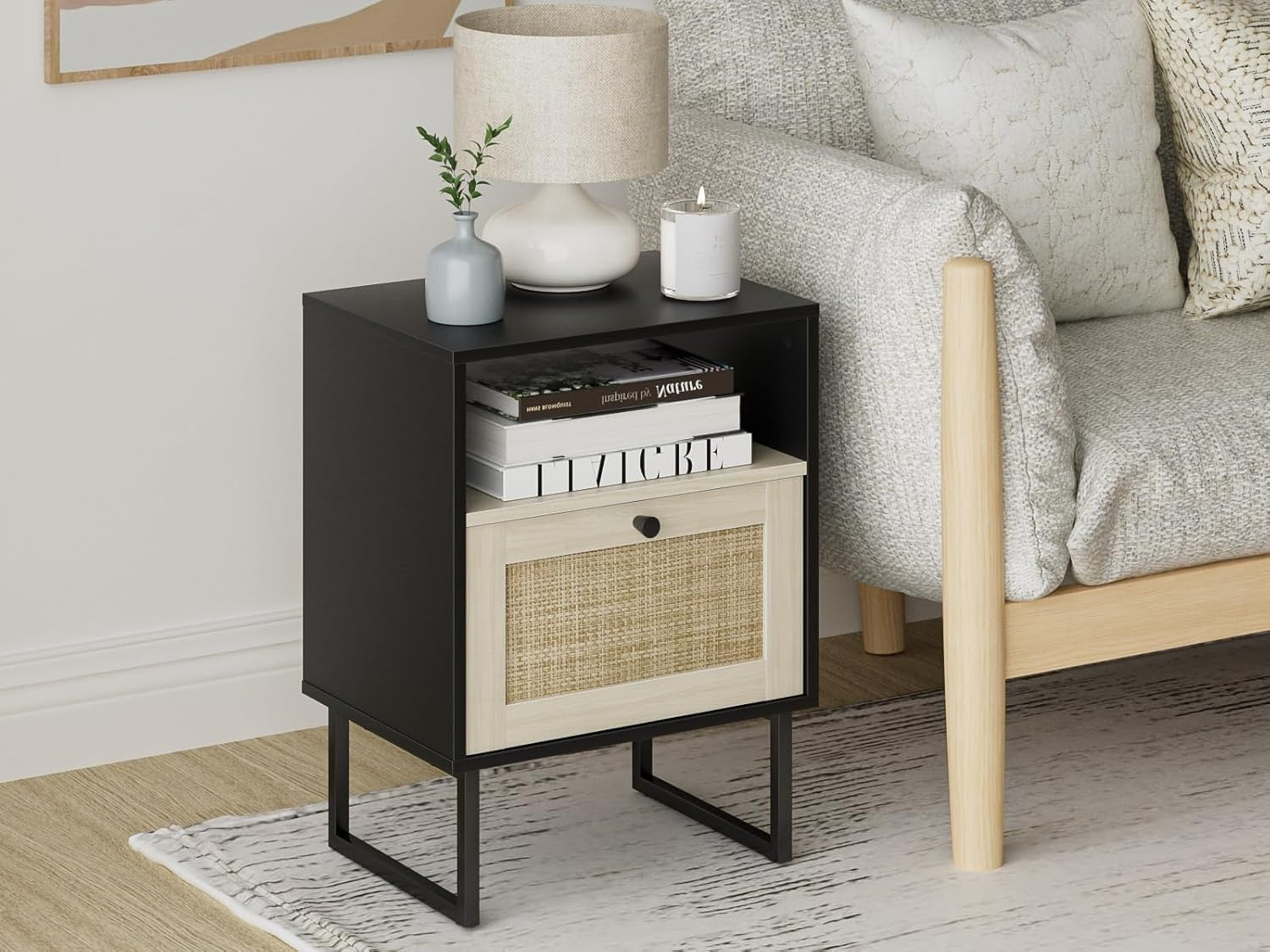 Boho Rattan Bedside Table Black Oak Nightstand with Drawer & Shelf