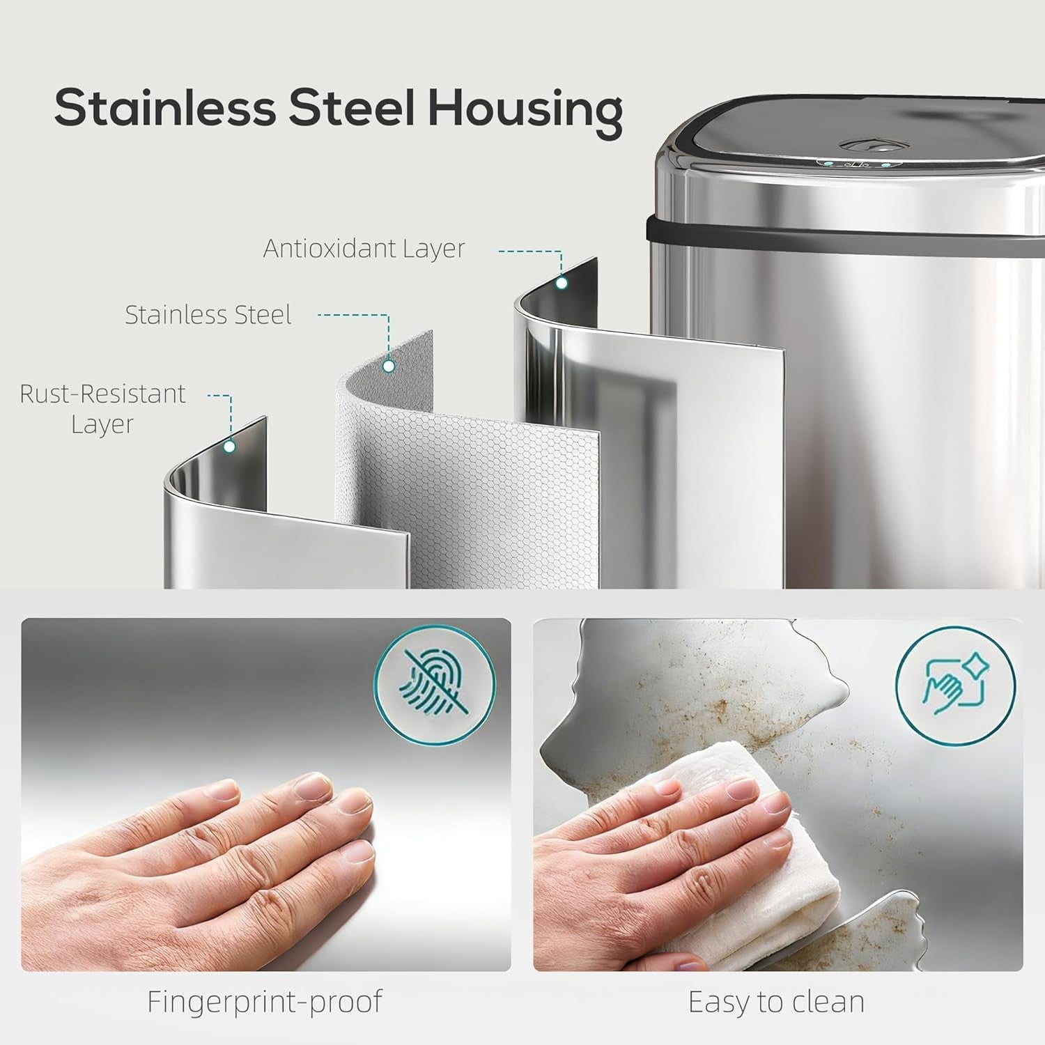50L Sensor Kitchen Bin Touchless Soft Close Stainless Steel