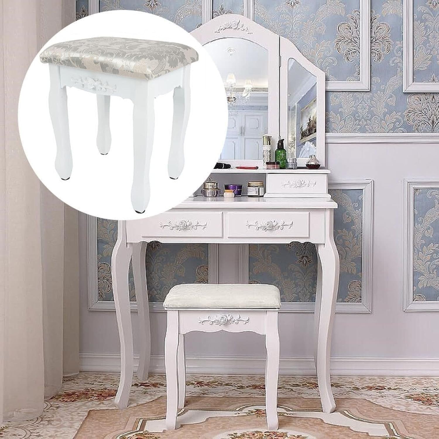 White Baroque Vanity Stool with Rubberwood Legs – Elegant Dressing Chair