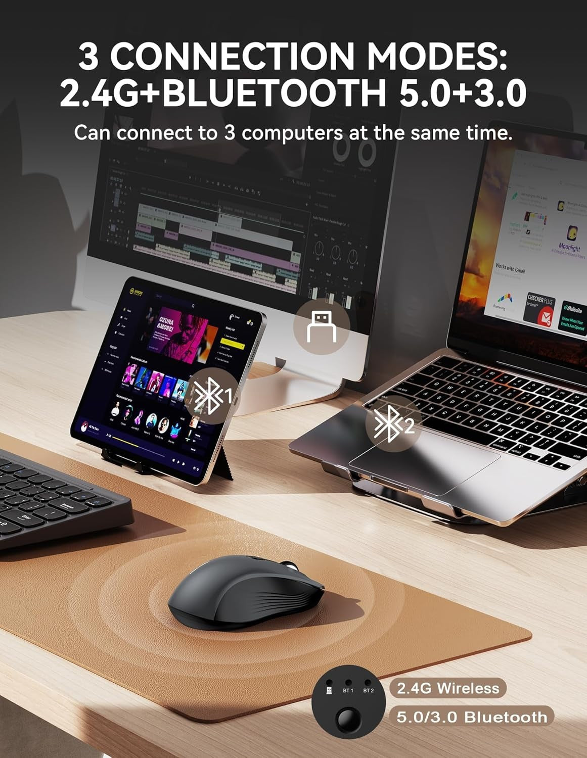 Ultra Quiet Wireless Mouse Multi Device Bluetooth USB 4800 DPI Office