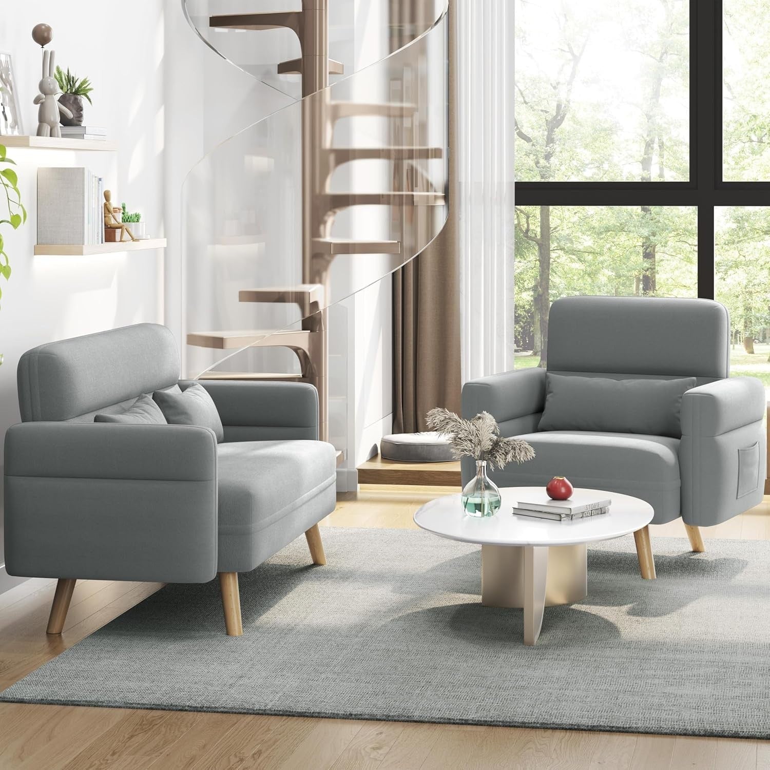 Modern Small Grey Fabric Armchair with Storage Pockets & Lumbar Support