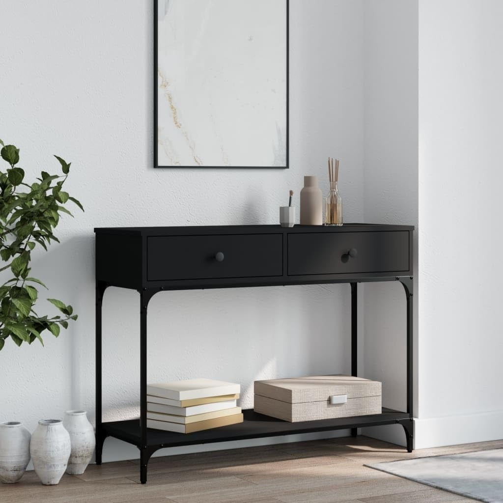 Black Console Table with Storage Drawers & Shelf 34.5x100x75cm