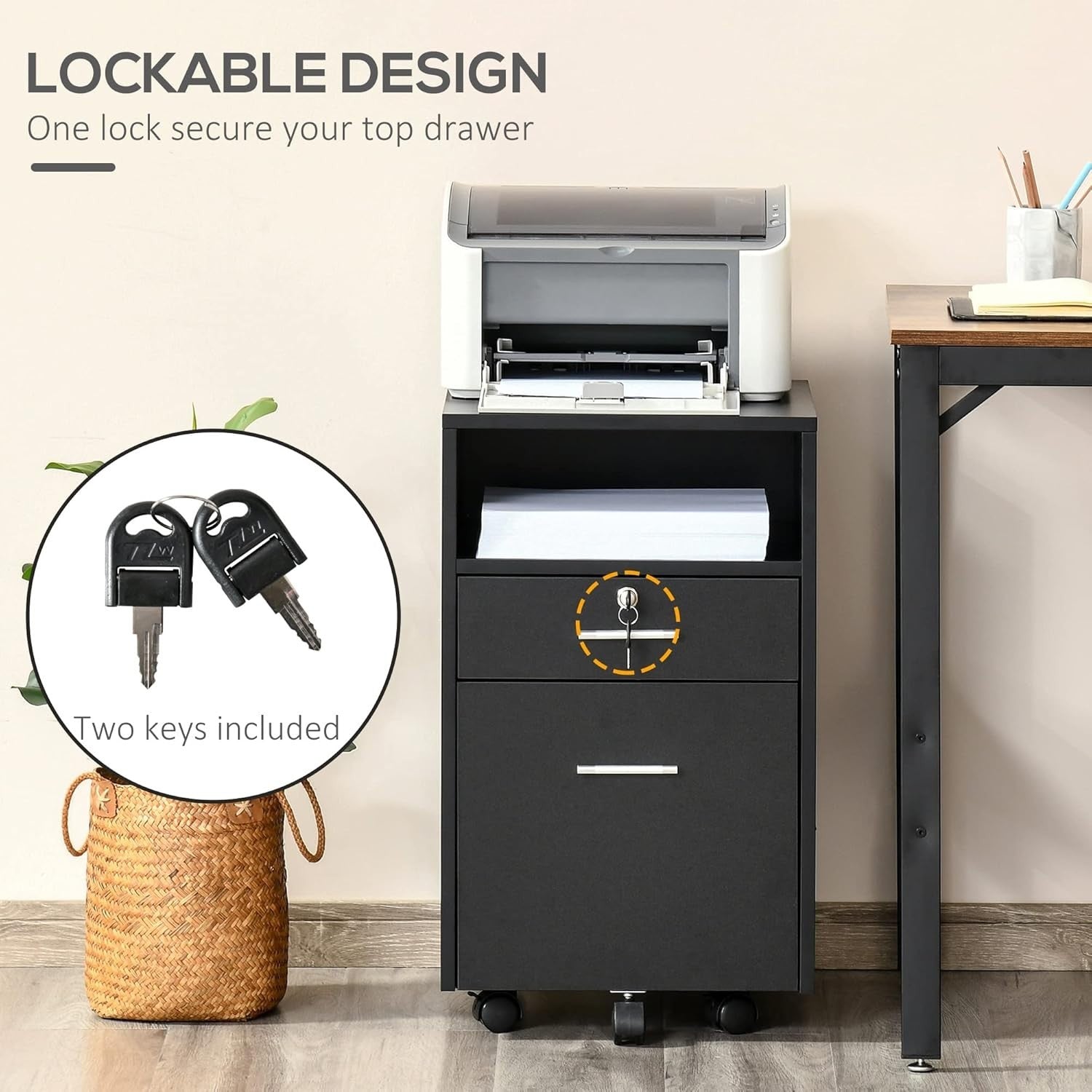 Black Lockable Mobile File Cabinet 39x40x65cm A4 Letter Storage