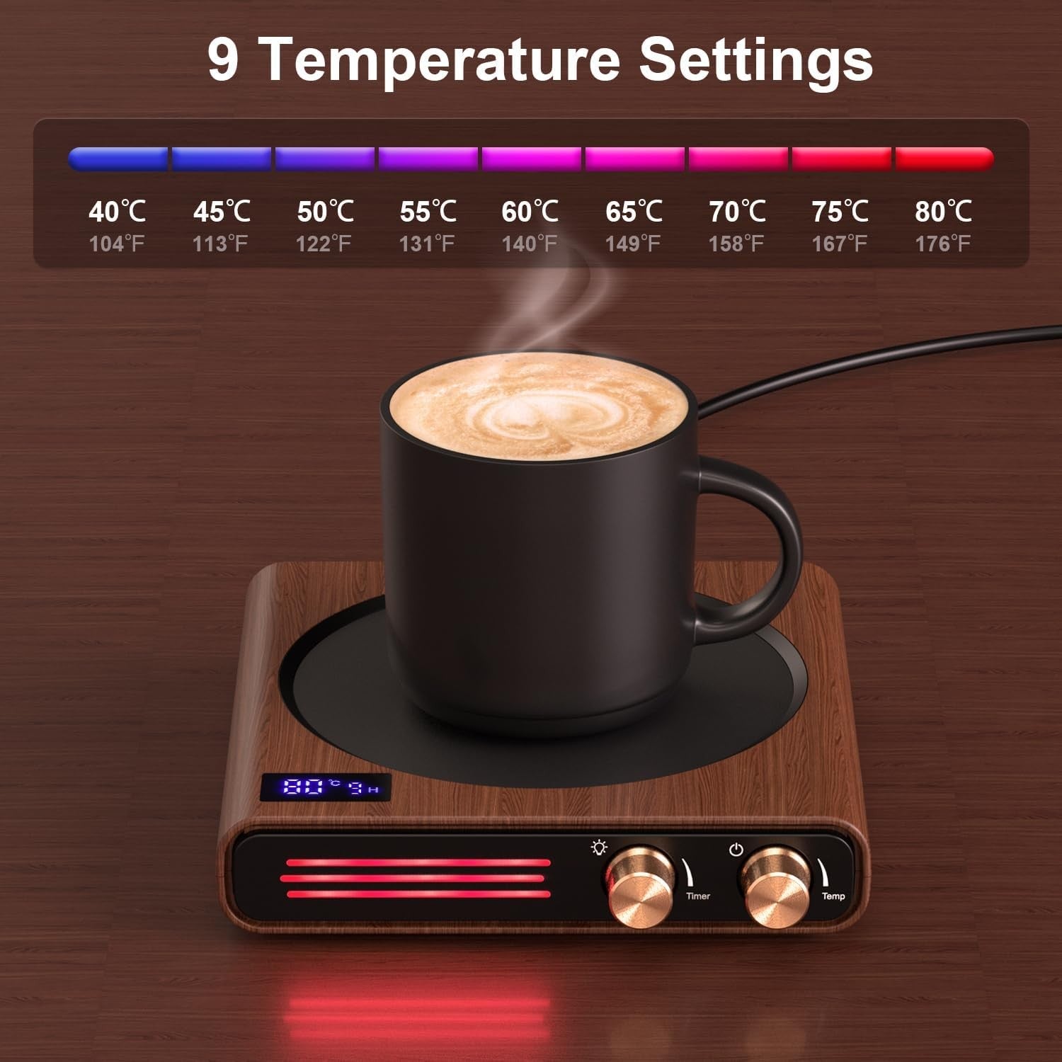 Smart Coffee Mug Warmer – Desk Cup Warmer, Brown/Wood Finish, 50W