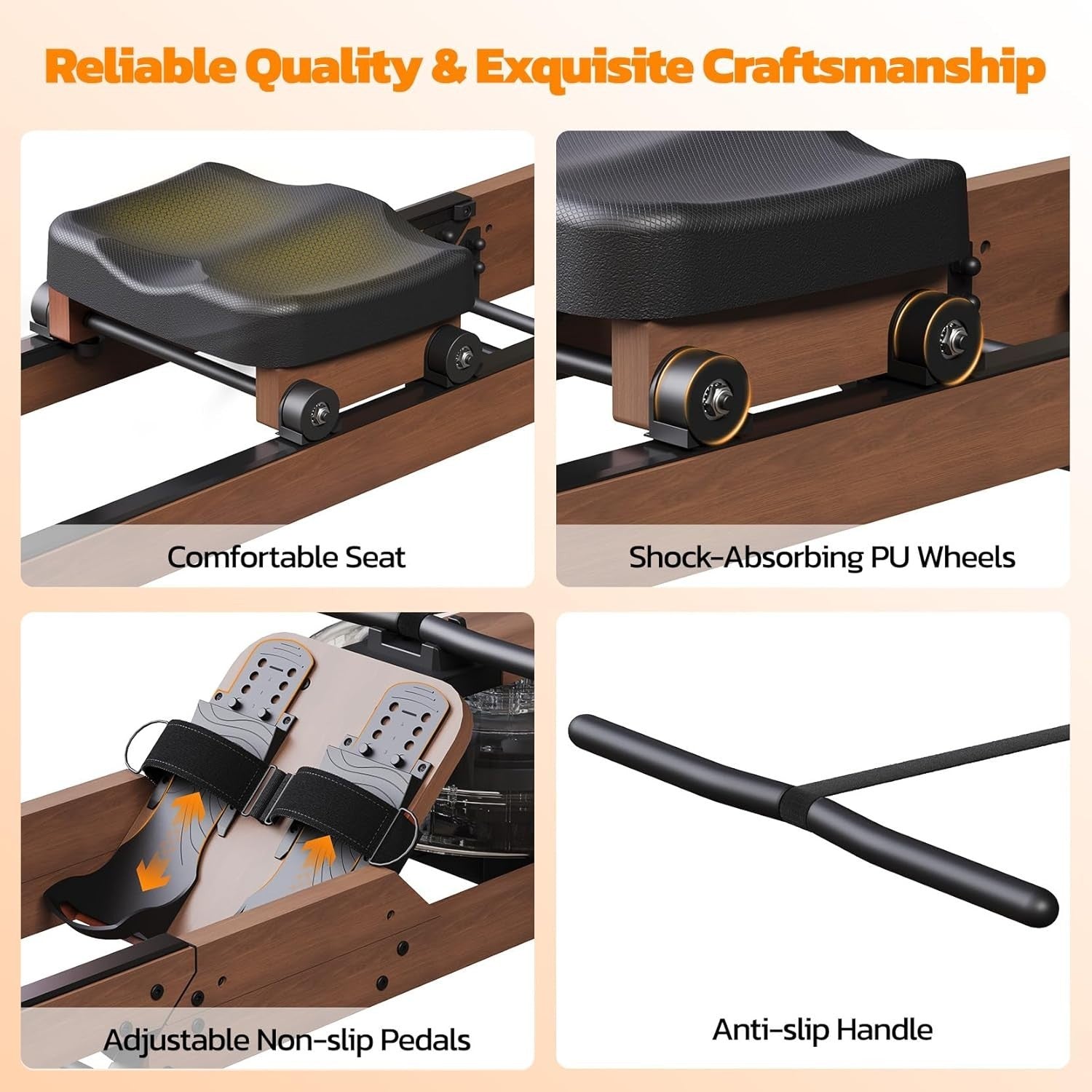 Foldable Oak Wood Water Rowing Machine Bluetooth LCD Home Rower 350LB Capacity