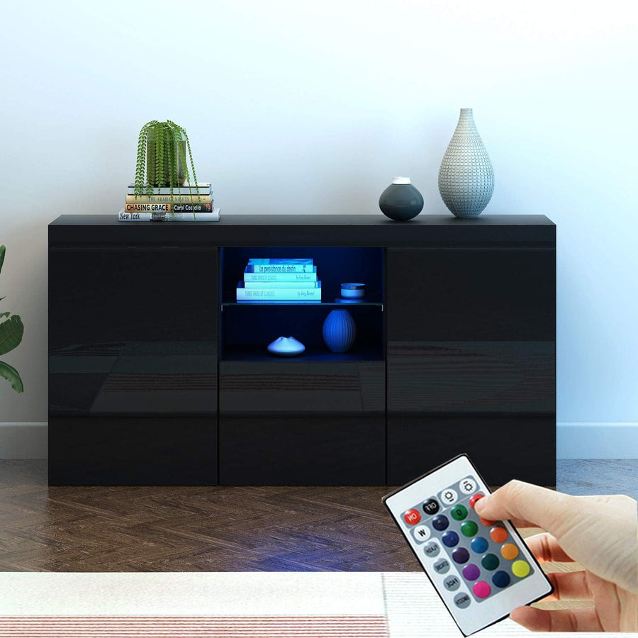 Black Gloss TV Cabinet Sideboard with LED Lights Storage Unit 134cm