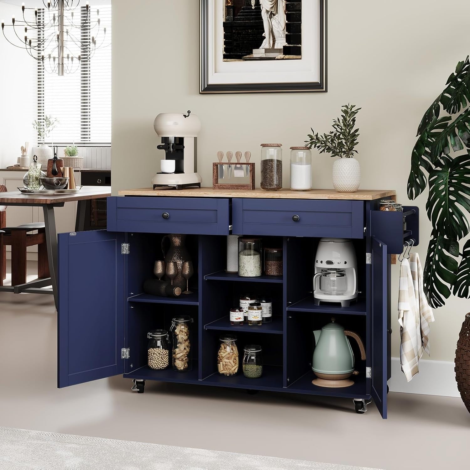 Kitchen Island Trolley with Drop Leaf, Storage Cabinets & Wheels – Blue