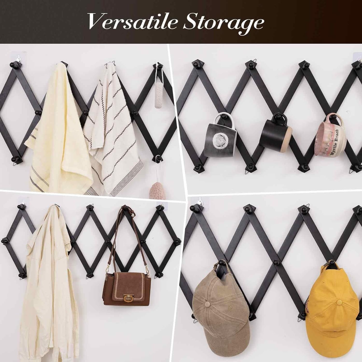 Black Wooden Wall Hat Rack 16 Hooks Expandable Accordion Coat Organizer