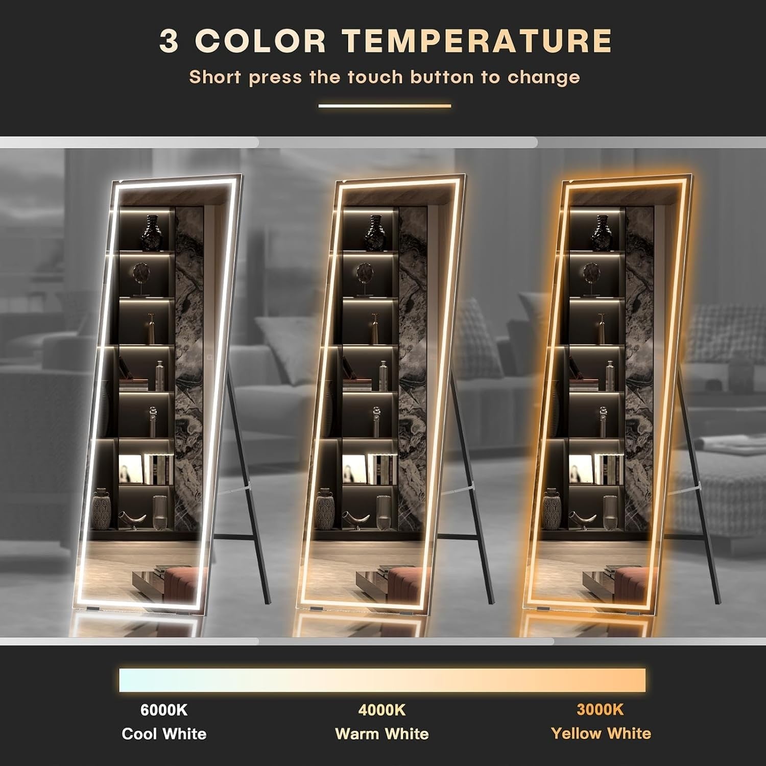 LED Full Length Mirror 150x40cm Wall Mounted Touch Light Black Frame