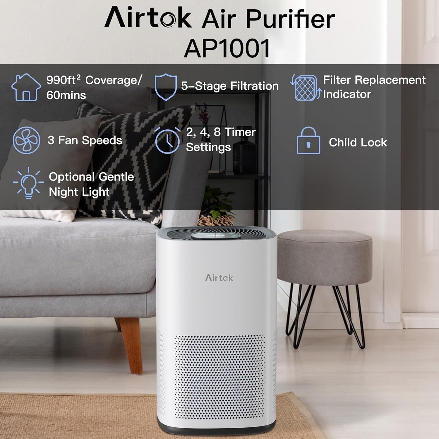 H13 HEPA Air Purifier Pets Bedroom 75m² Quiet Sleep Mode Dust