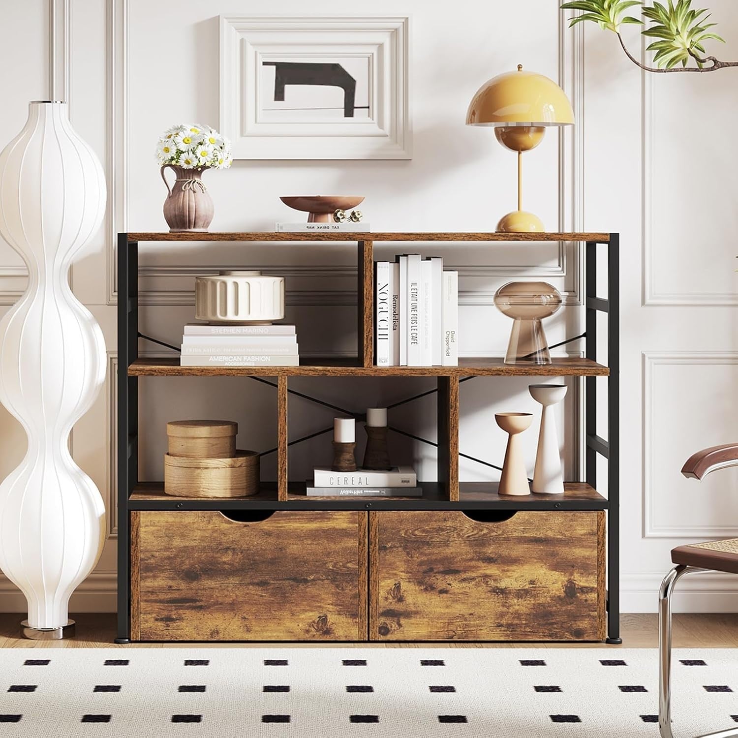 4 Tier White Bookcase with 2 Drawers Modern Storage Shelf for Living Room Brown