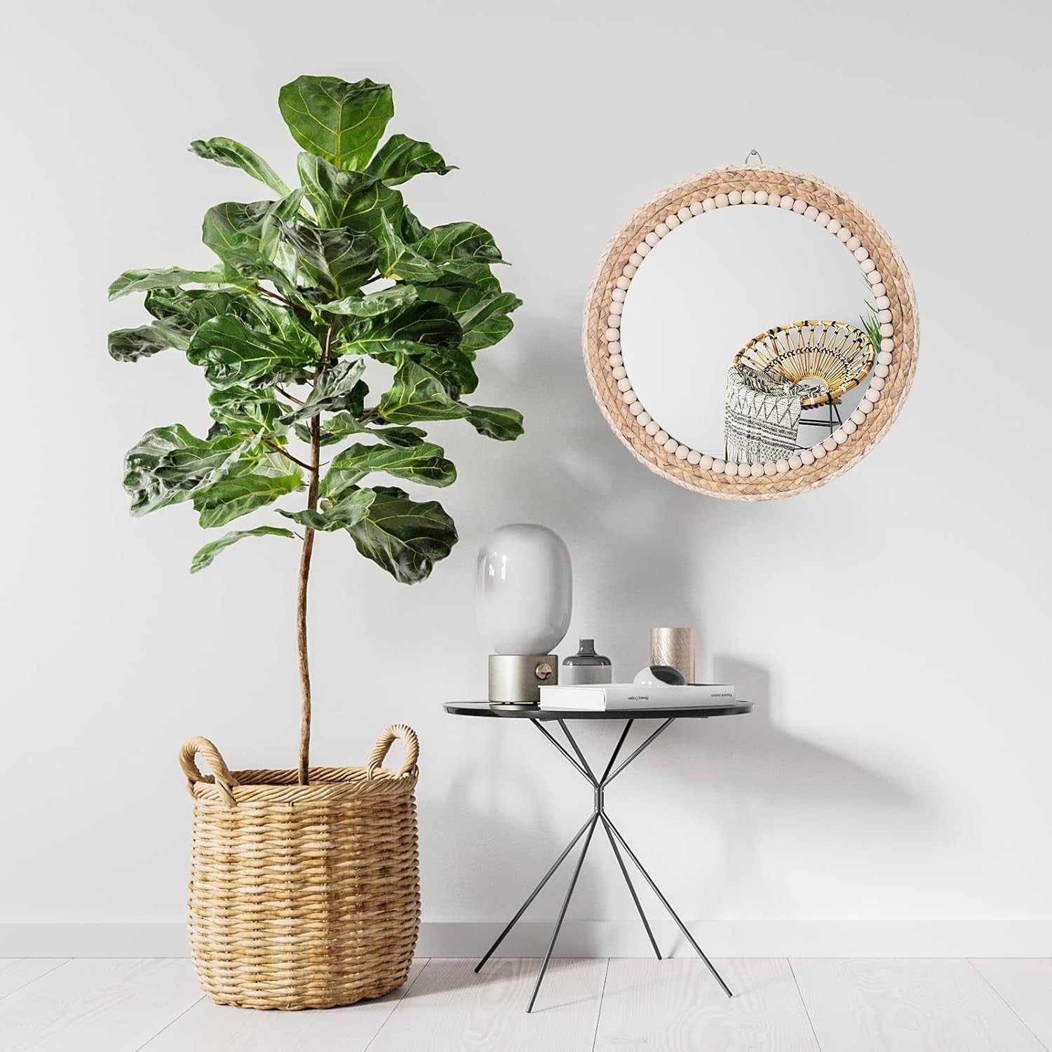 Boho Round Rattan Wall Mirror 38cm Hanging Bathroom Decor