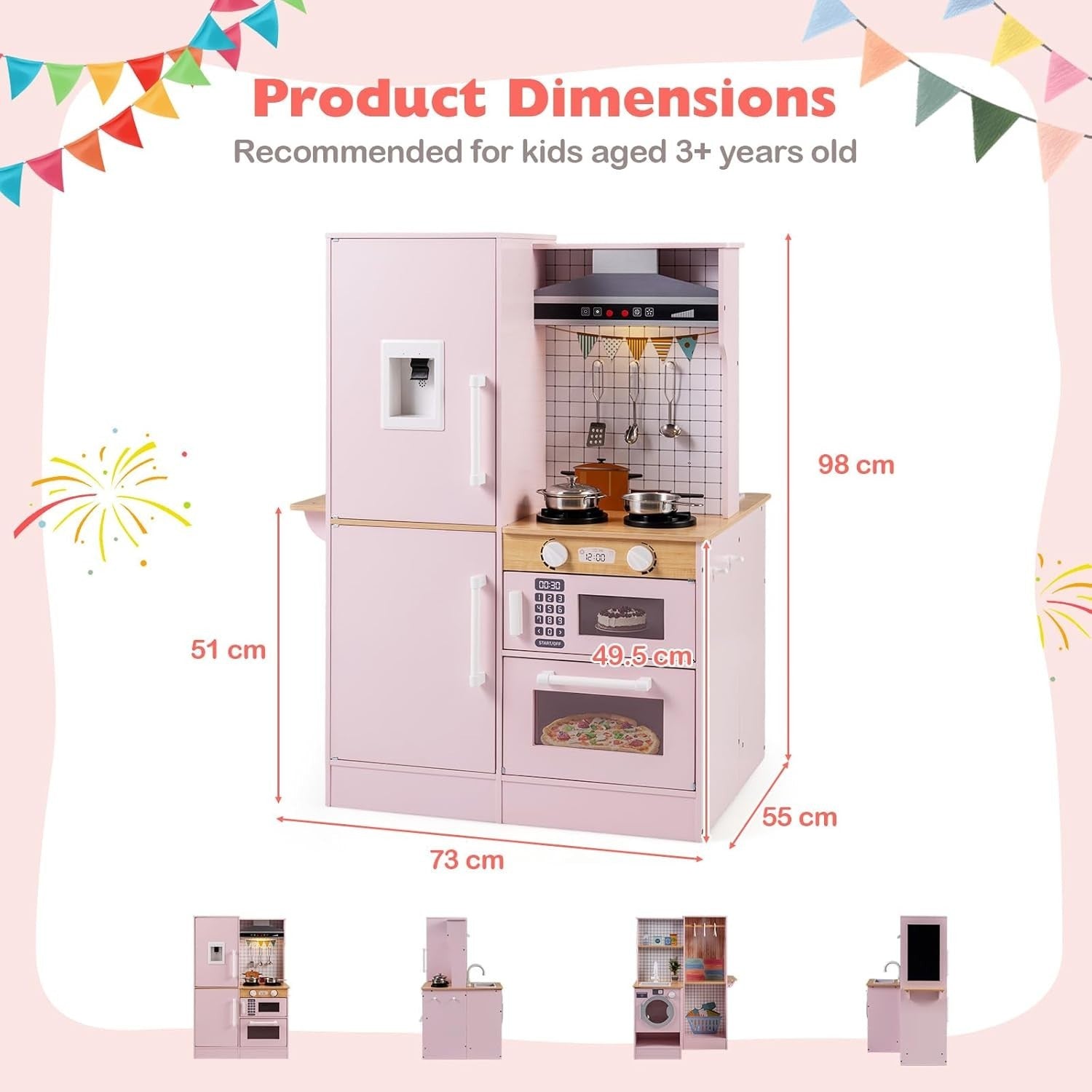 Kids Wooden Play Kitchen Laundry Set Lights Sounds Pink Toy Kitchen