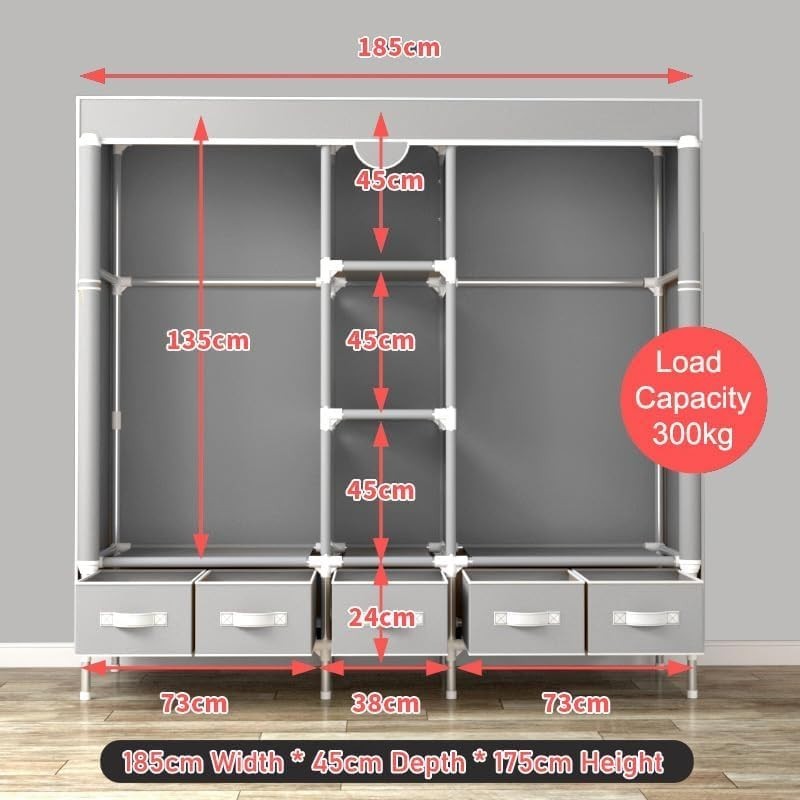 Large Grey Canvas Wardrobe 5 Drawers Hanging Rail Storage Unit 175cm